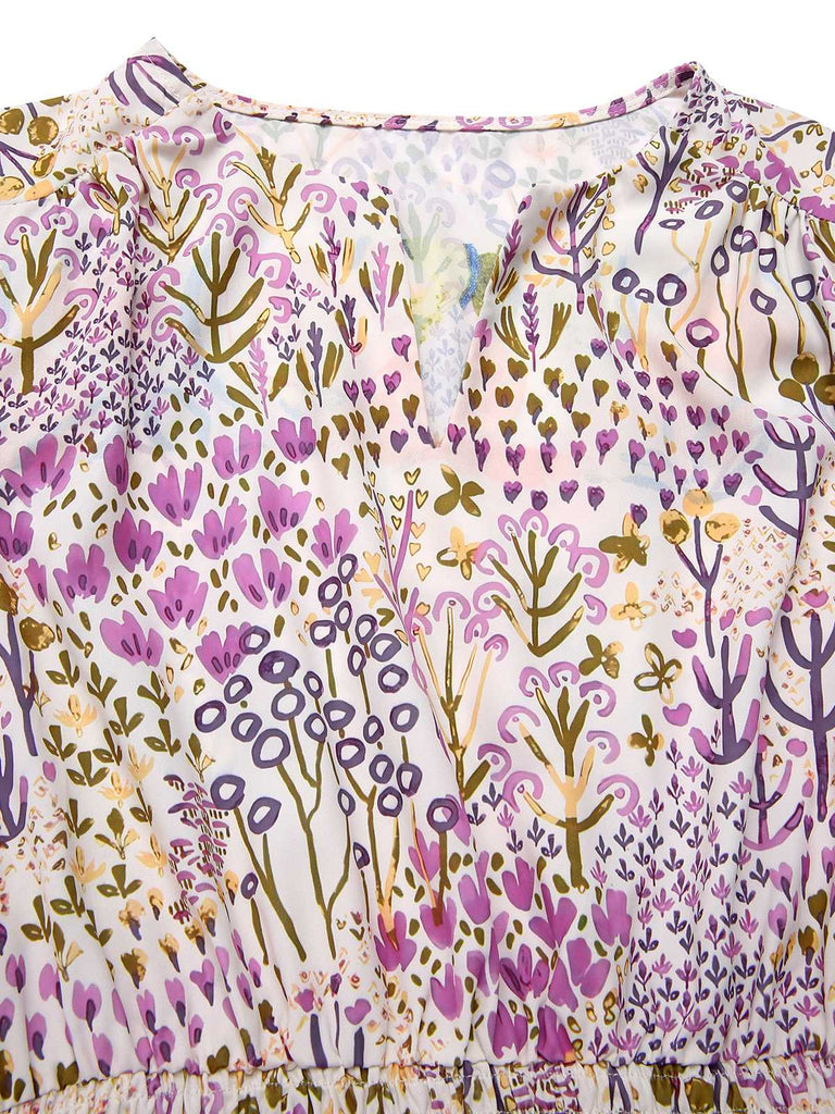 [Prévente] Robe lavande à fleurs et manches bouffantes années 1950