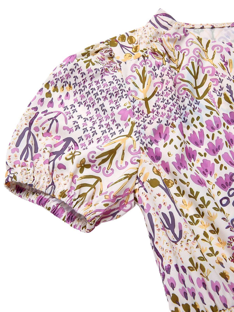 [Prévente] Robe lavande à fleurs et manches bouffantes années 1950