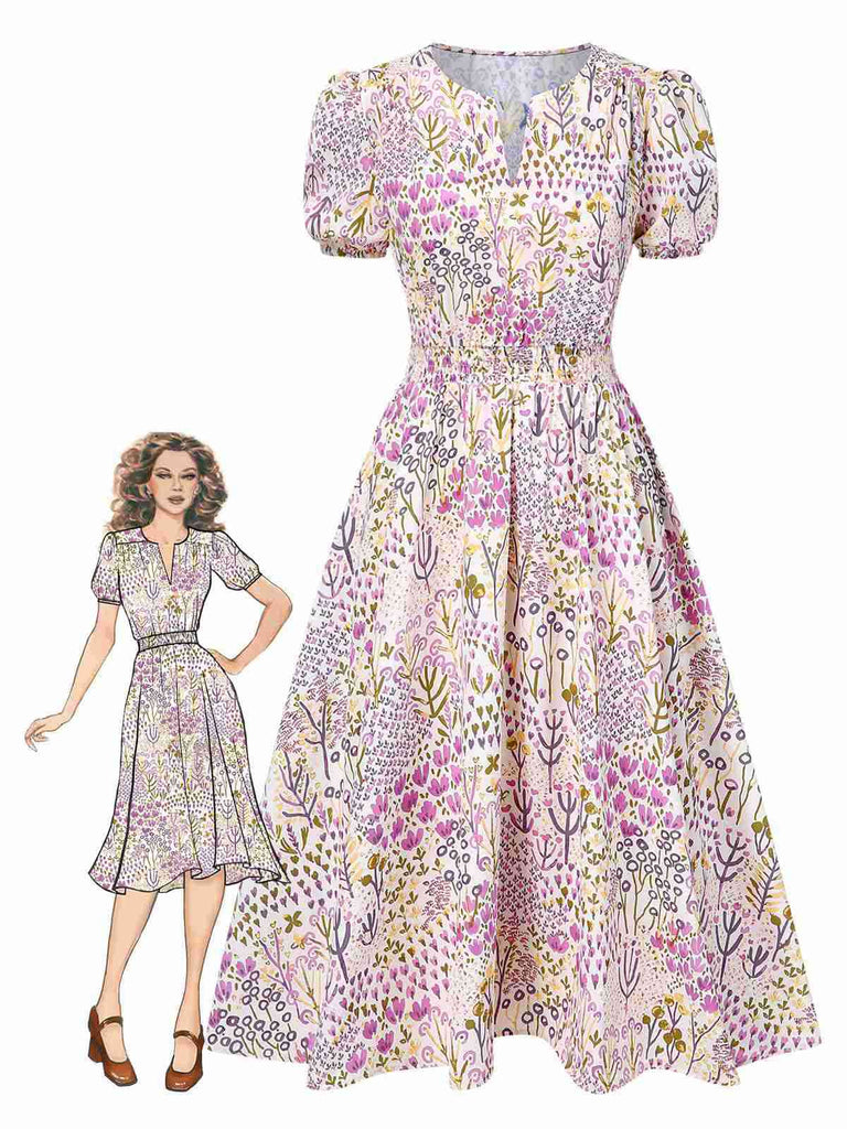 [Prévente] Robe lavande à fleurs et manches bouffantes années 1950