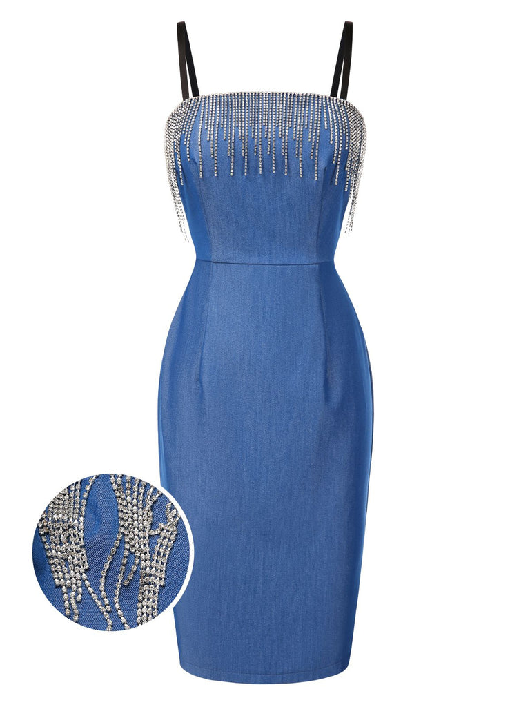 [Prévente] Robe crayon bleue en denim avec franges et strass années 60