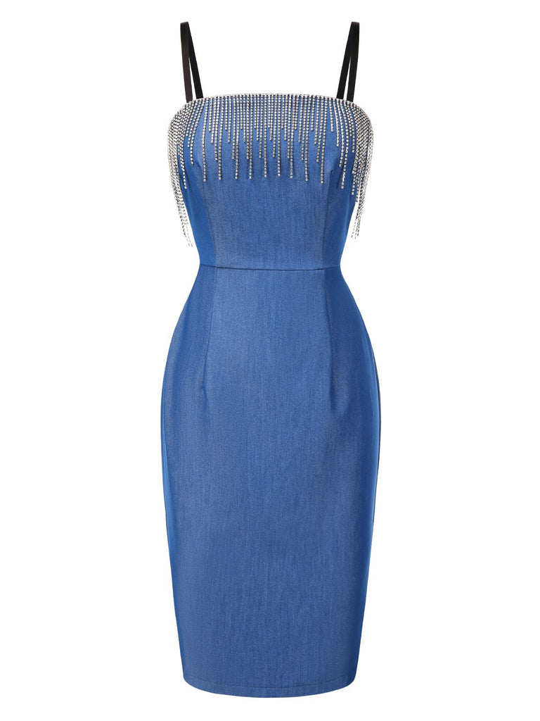 [Prévente] Robe crayon bleue en denim avec franges et strass années 60