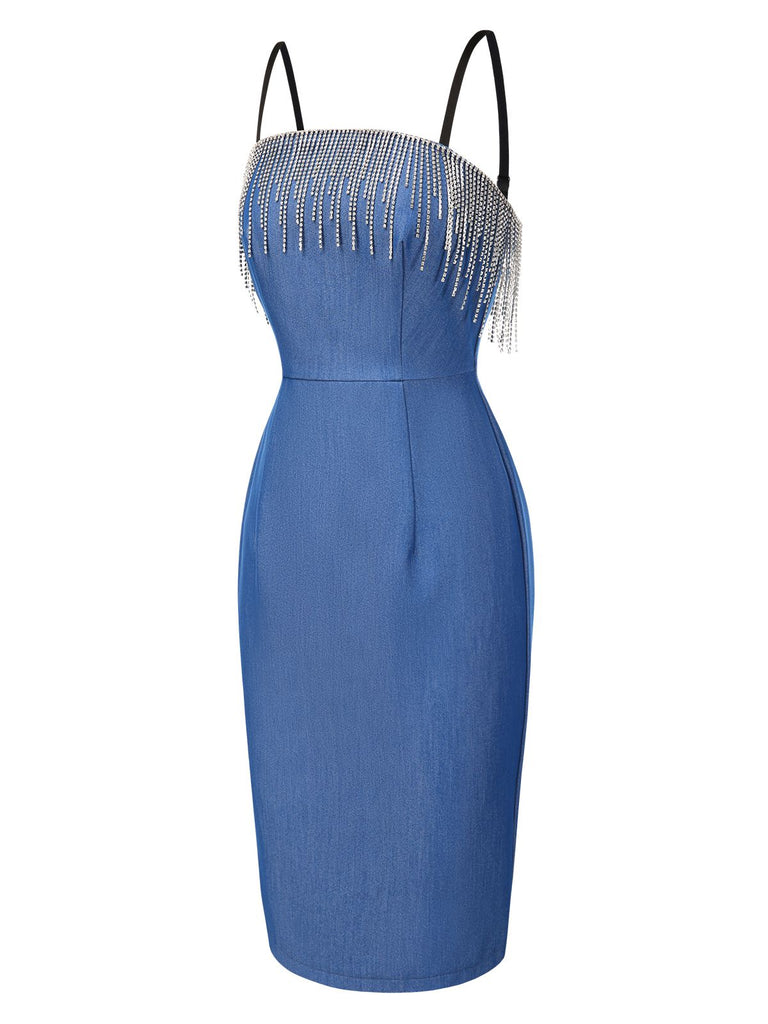 [Prévente] Robe crayon bleue en denim avec franges et strass années 60