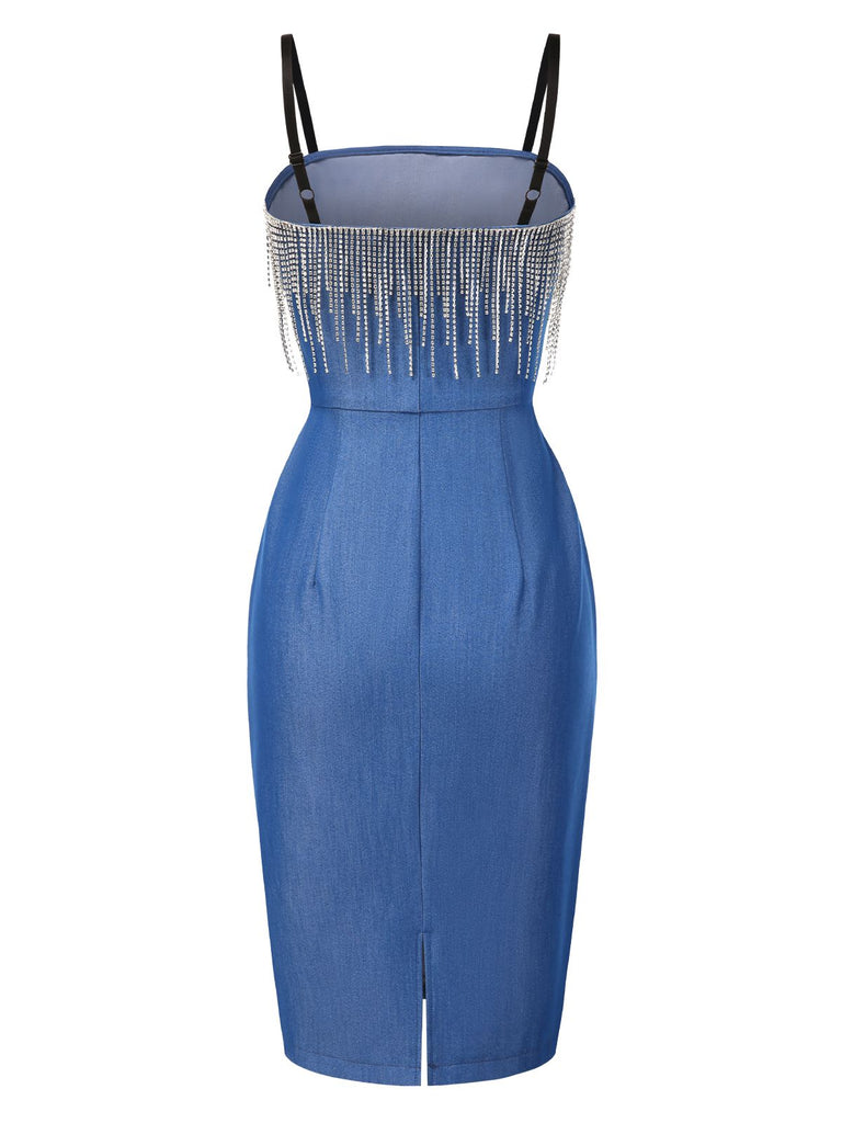 [Prévente] Robe crayon bleue en denim avec franges et strass années 60