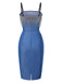 [Prévente] Robe crayon bleue en denim avec franges et strass années 60
