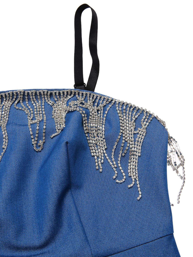 [Prévente] Robe crayon bleue en denim avec franges et strass années 60