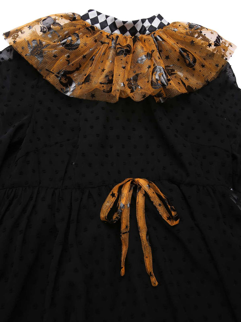 [Pré-vente] Robe patchwork en maille noire et orange pois et citrouille d'Halloween années 1950