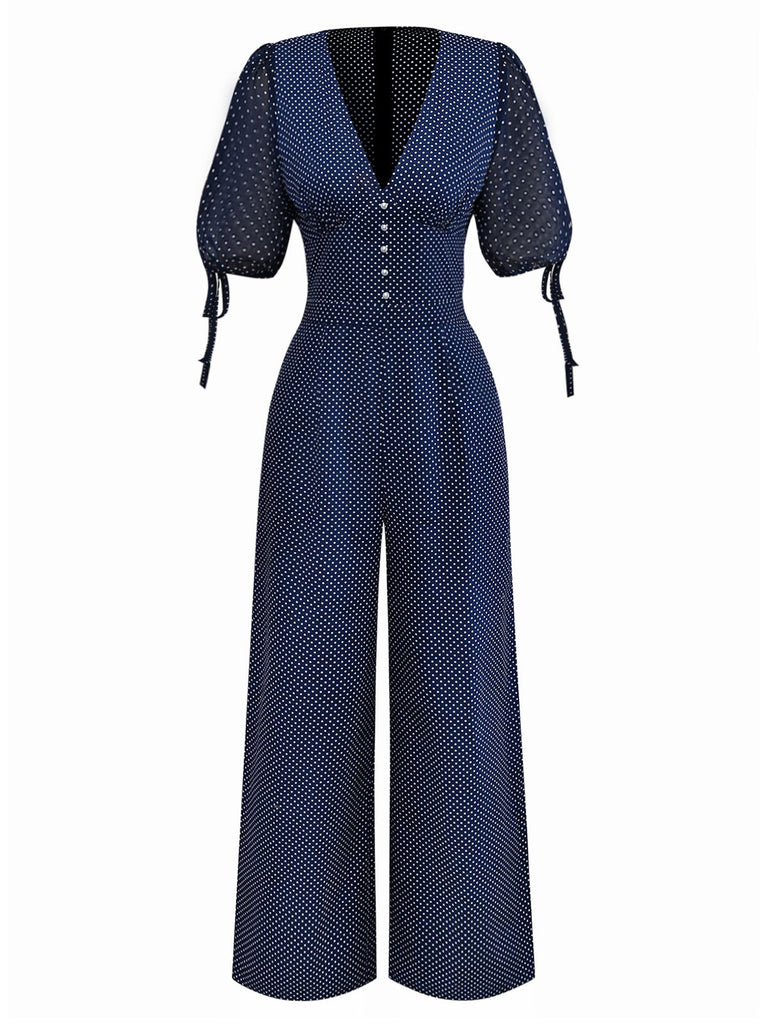 [Prévente] Combinaison bleue marine à pois et col en V années 1930
