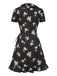 [Prévente] Robe noire à volants et col en V imprimé lys des années 1950
