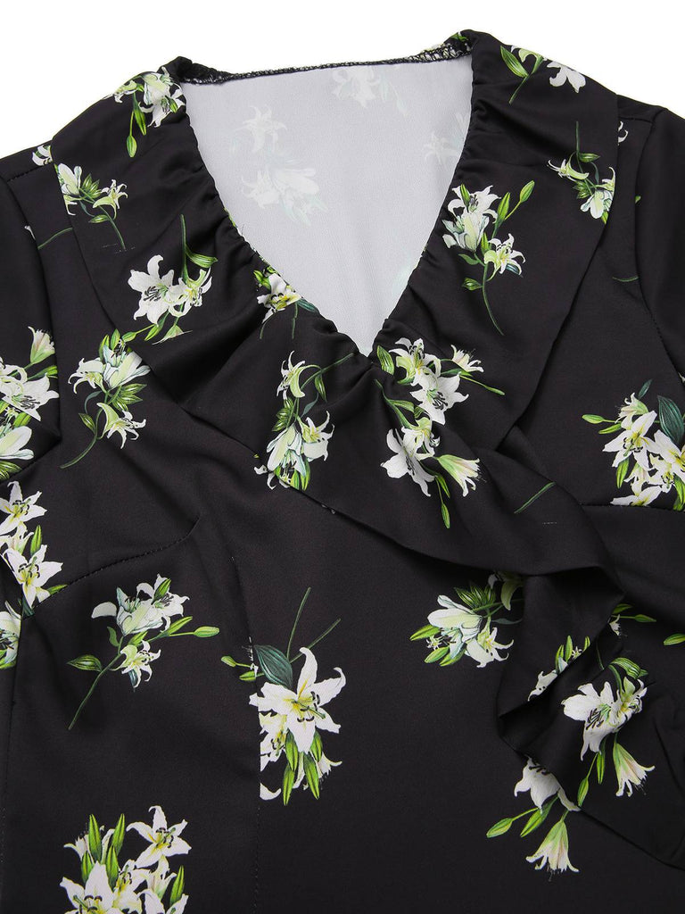 [Prévente] Robe noire à volants et col en V imprimé lys des années 1950
