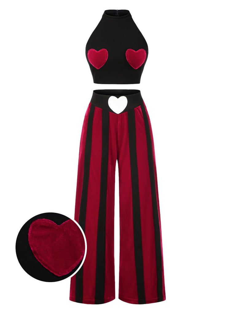 [Prévente] 2PCS haut court et pantalon colorblock Velvette noir années 40