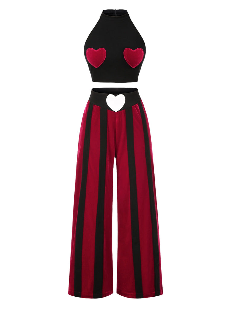 [Prévente] 2PCS haut court et pantalon colorblock Velvette noir années 40