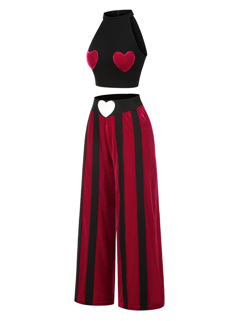 [Prévente] 2PCS haut court et pantalon colorblock Velvette noir années 40