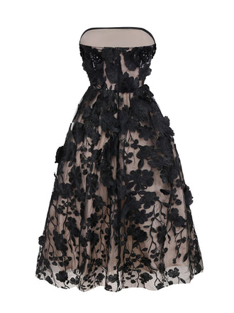 Robe bustier noire en maille florale 3D des années 1950