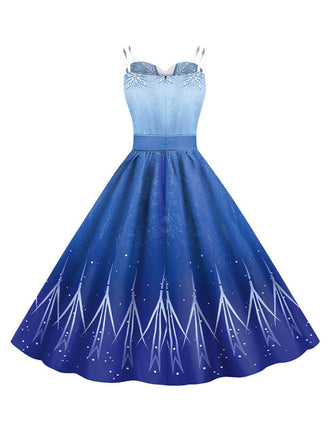 Robe bleue Elsa à bretelles et paillettes Halloween années 1950