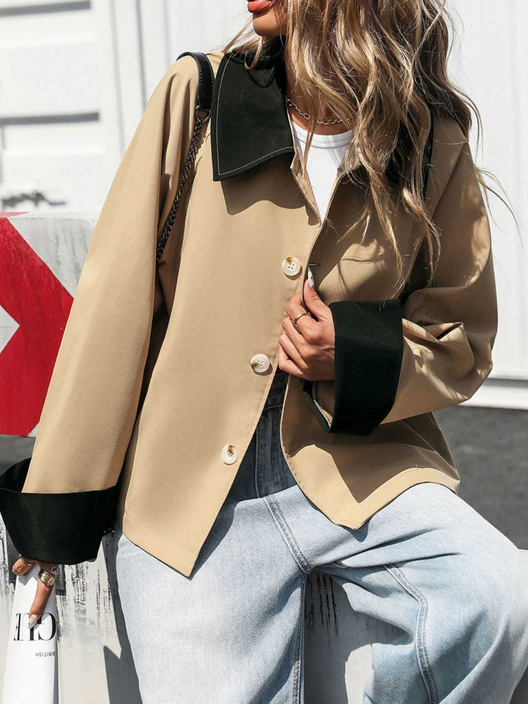 Veste kaki à revers roulés contrastés années 1950