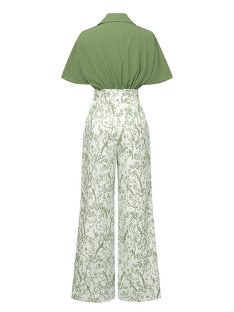 2PCS Chemisier Dolman solide et pantalon floral verte des années 1930