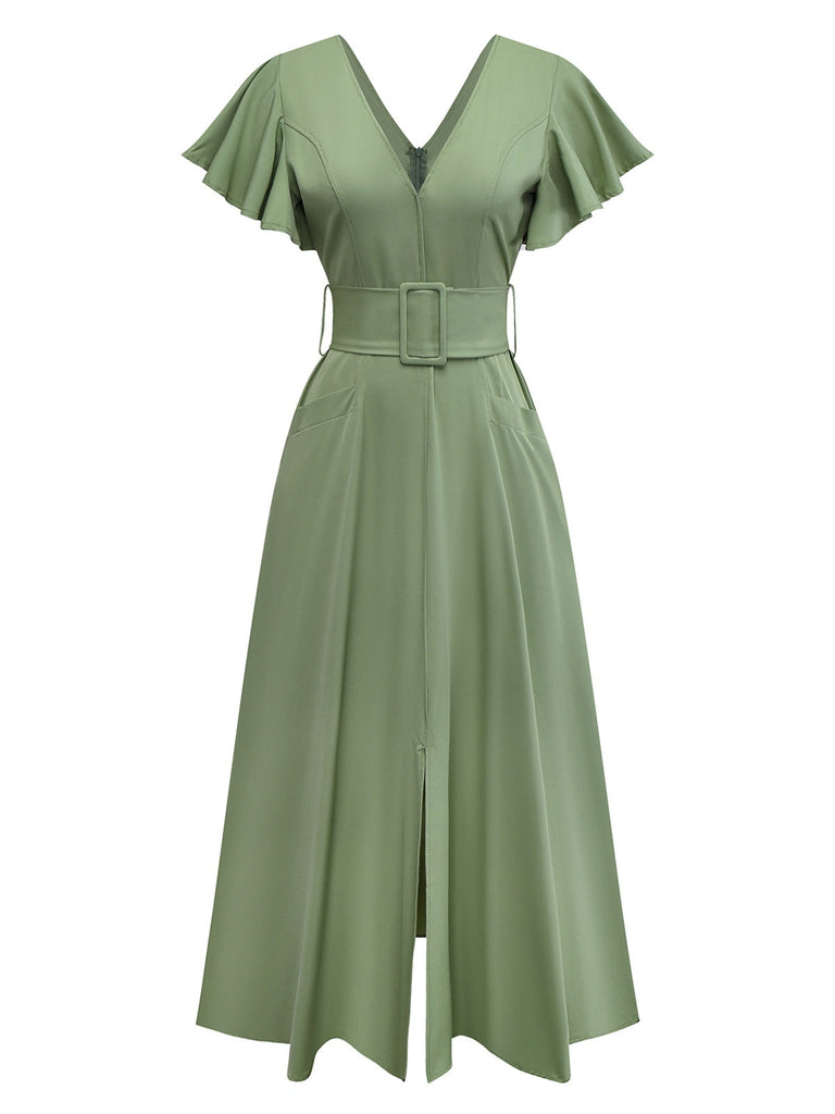 Robe unie à manches évasées et en V profond années 1940