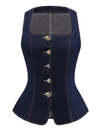 Gilet en jean bleu boutonné à col carré des années 1950