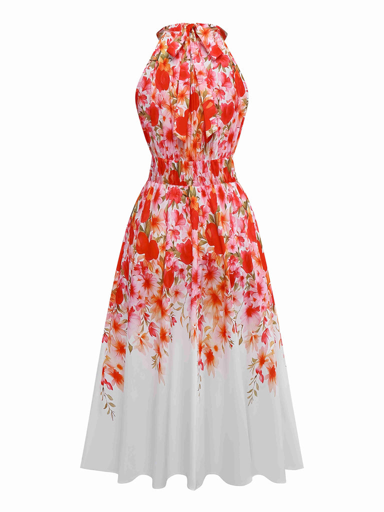 Robe rouge à fleurs dos nu col rond des années 40