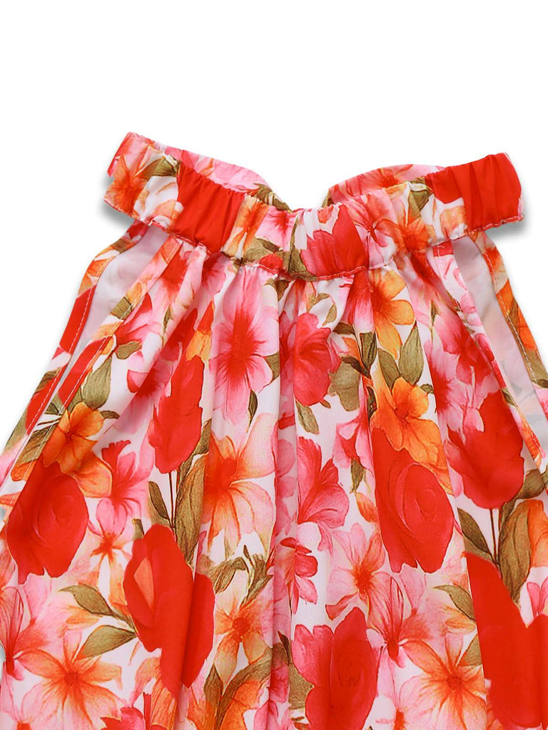 Robe rouge à fleurs dos nu col rond des années 40