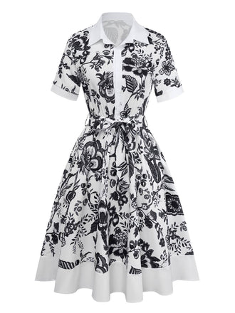 Robe chemise noire blanc à fleurs et ceinture des années 1940