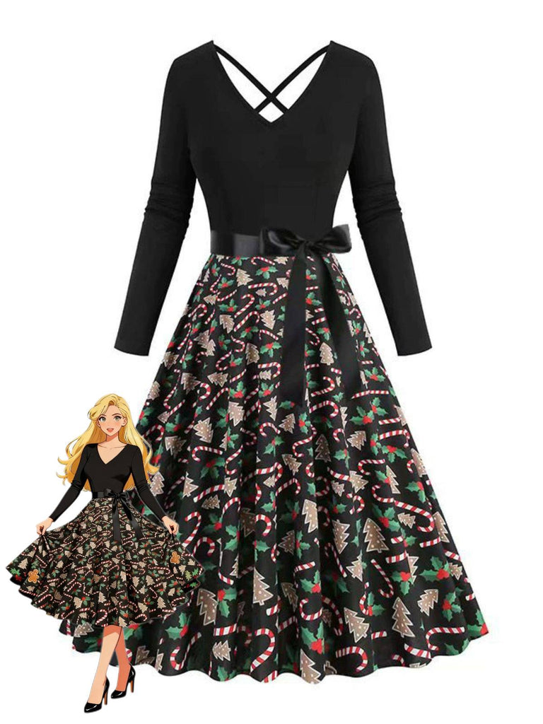 Robe noire à imprimé Noël col en V et dos croisé années 1950,