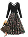 Robe noire à imprimé Noël col en V et dos croisé années 1950,