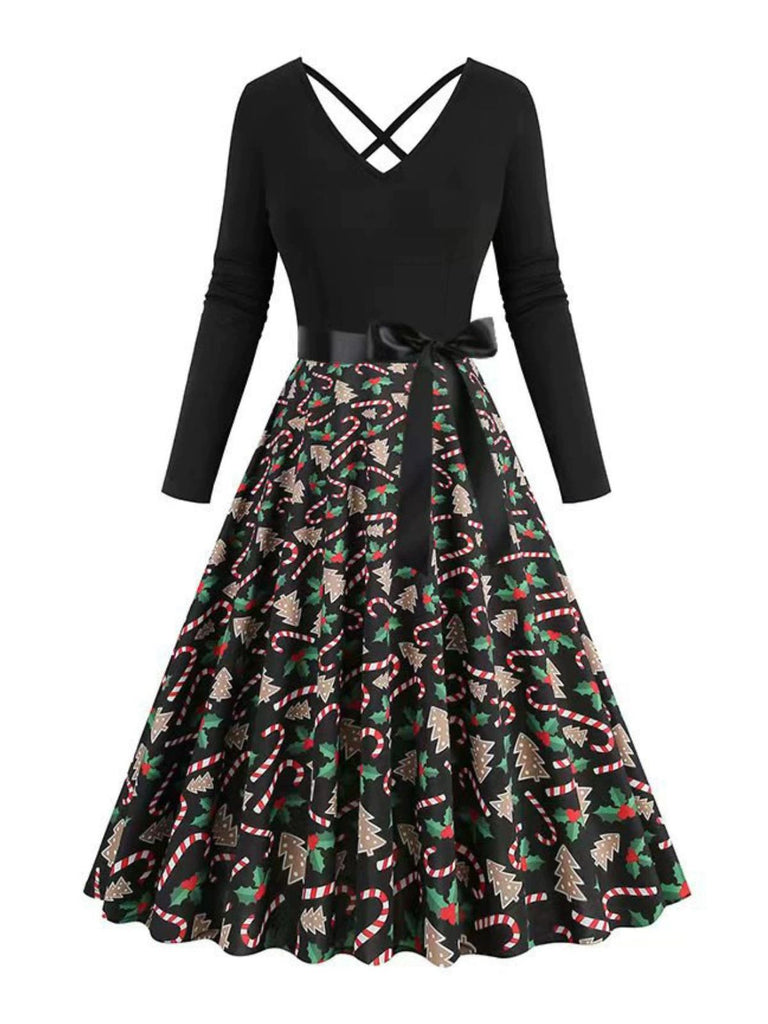 Robe noire à imprimé Noël col en V et dos croisé années 1950,