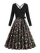 Robe noire à imprimé Noël col en V et dos croisé années 1950,