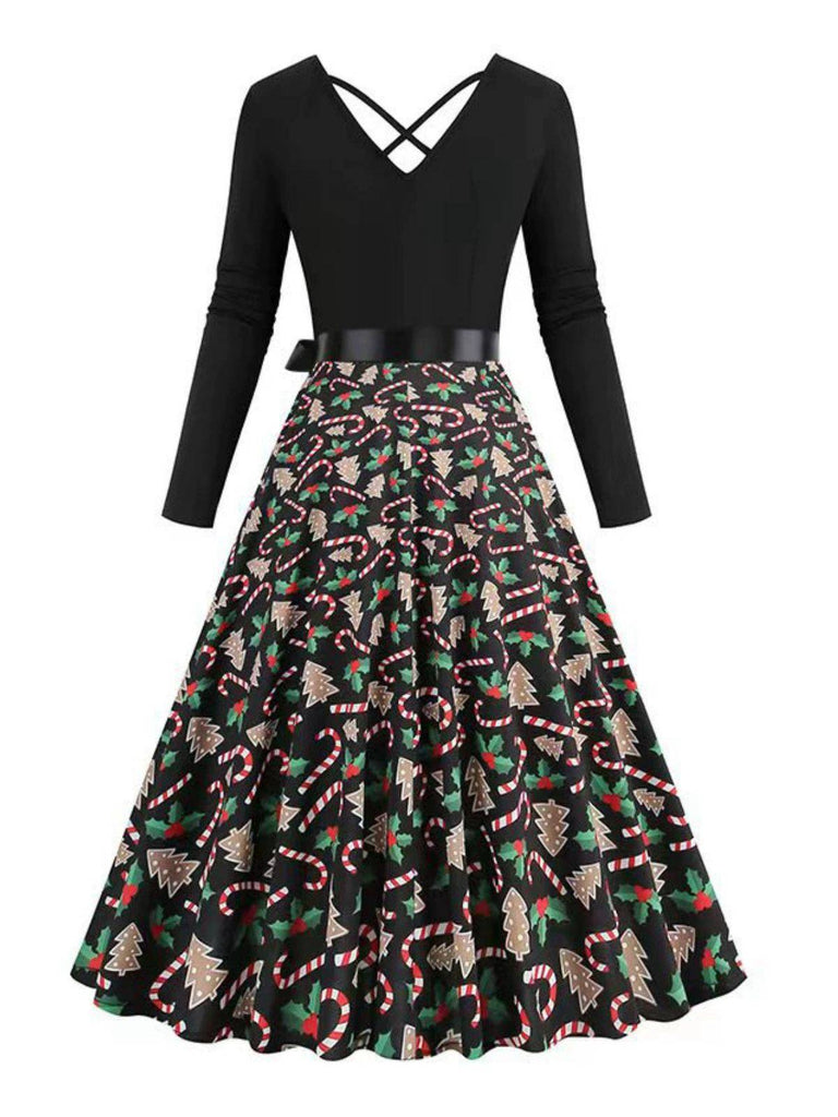 Robe noire à imprimé Noël col en V et dos croisé années 1950,