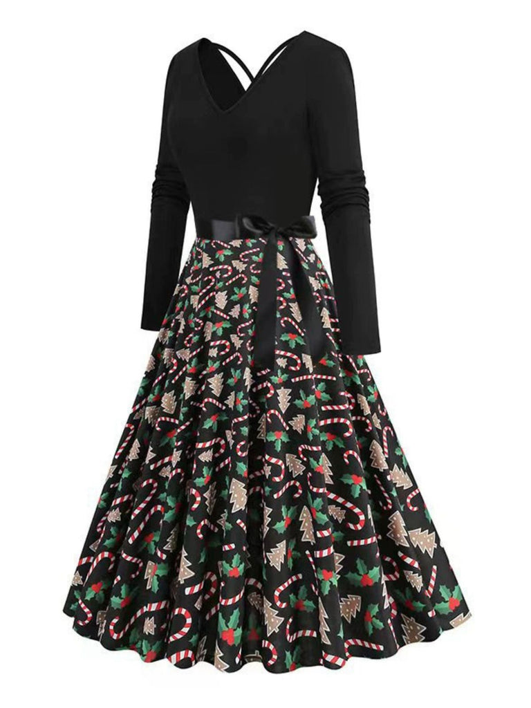 Robe noire à imprimé Noël col en V et dos croisé années 1950,