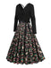 Robe noire à imprimé Noël col en V et dos croisé années 1950,