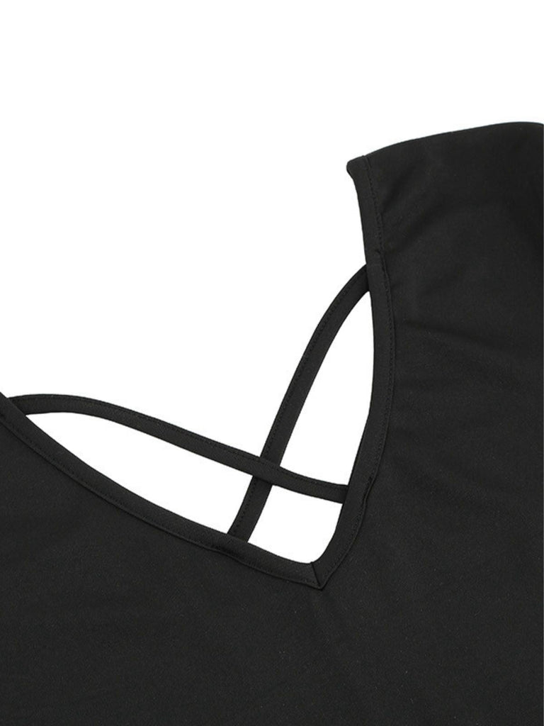 Robe noire à imprimé Noël col en V et dos croisé années 1950,
