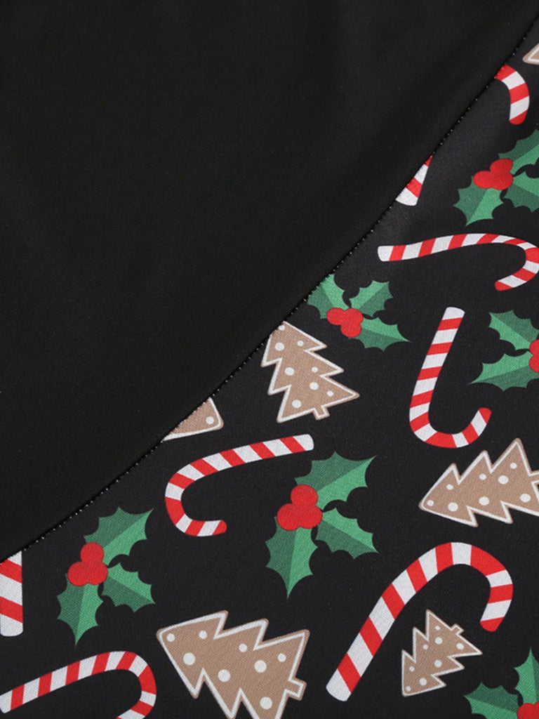 Robe noire à imprimé Noël col en V et dos croisé années 1950,