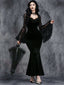 Robe sirène en velours noir à manches en dentelle des années 1930