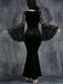Robe sirène en velours noir à manches en dentelle des années 1930