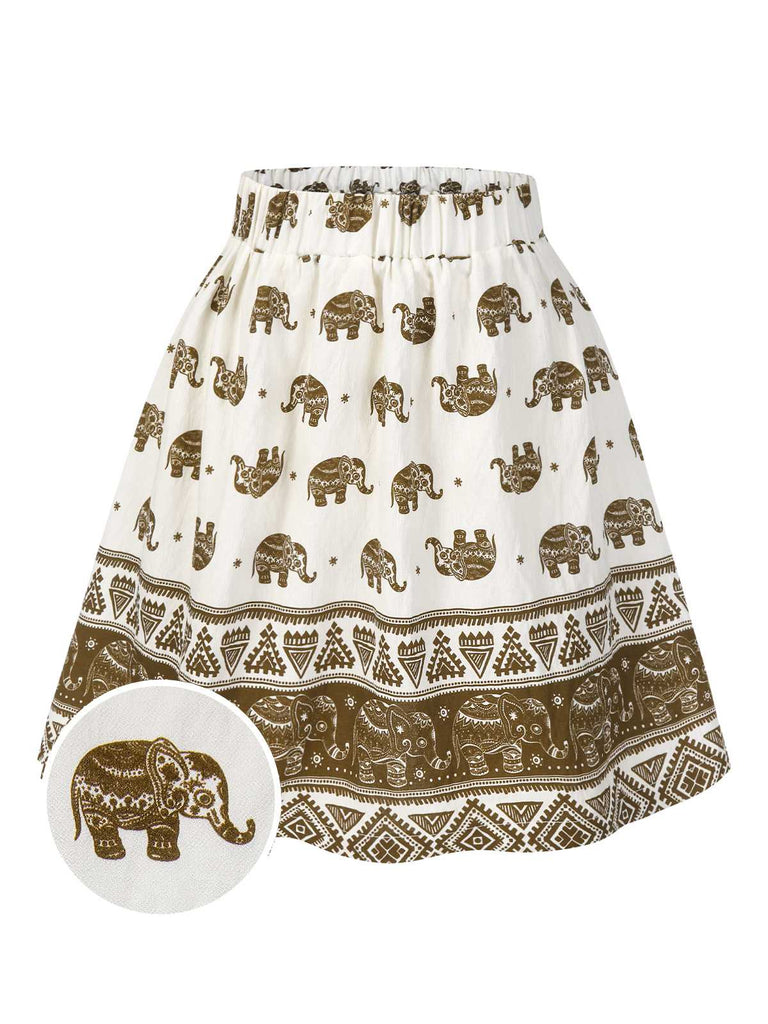 [Prévente] Jupe trapèze marron imprimé tribal éléphant des années 1940
