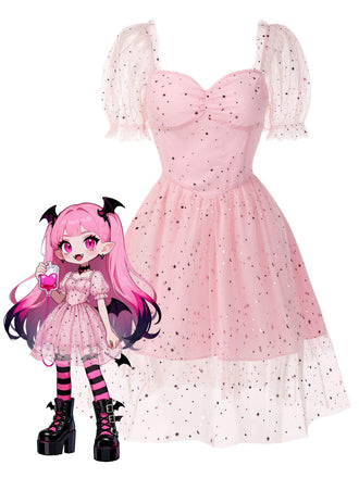 [Prévente] Robe rose en maille à paillettes étoiles années 1950