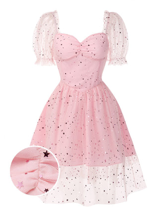 [Prévente] Robe rose en maille à paillettes étoiles années 1950