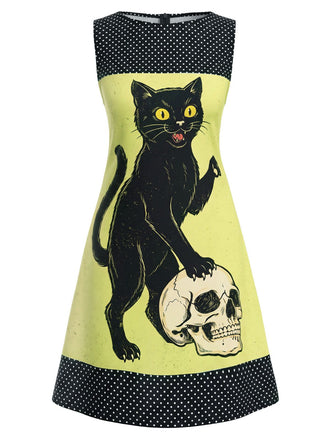 Robe Sans Manches Chat Crâne À Pois Années 1960