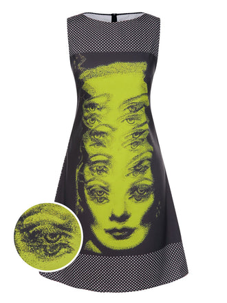 Robe noire à pois et imprimé visage années 1960