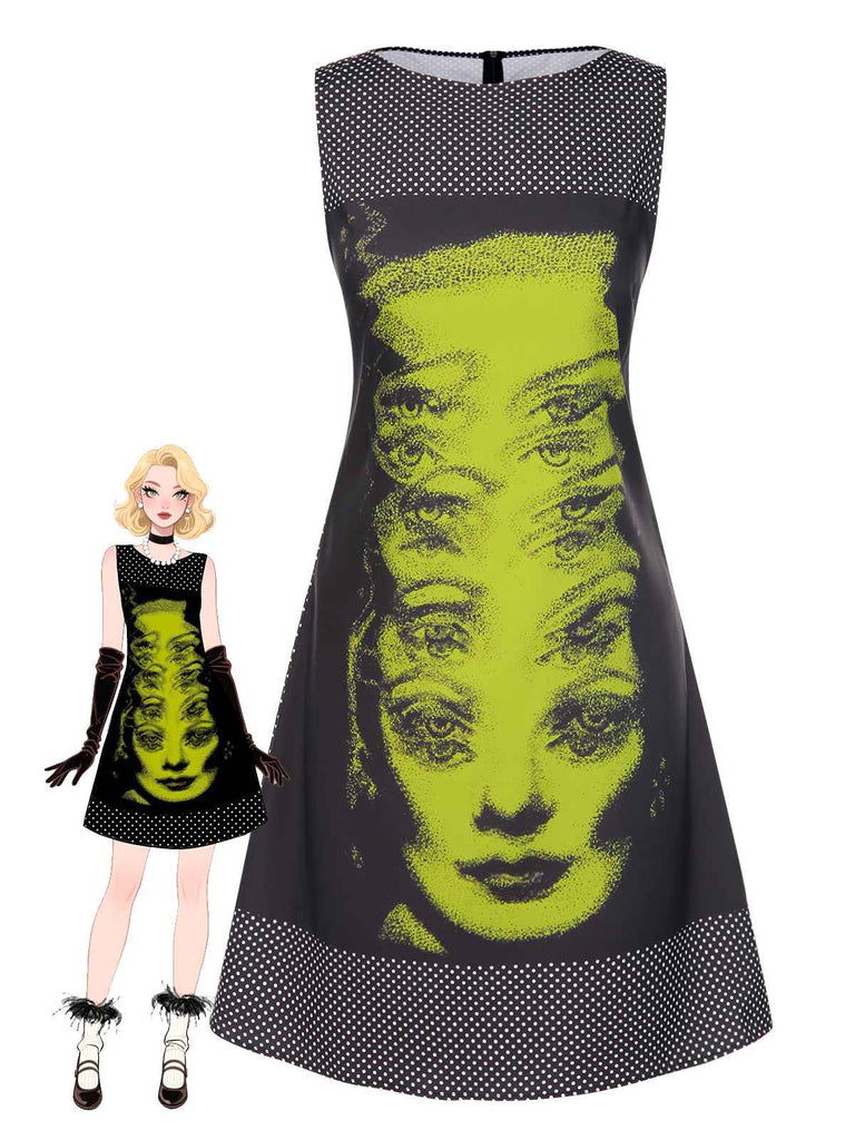[Prévente] Robe noire à pois et imprimé visage années 1960