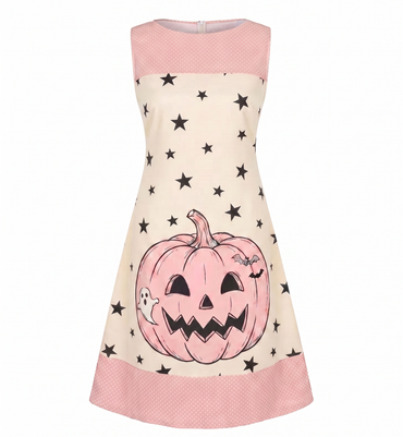 [Prévente] Robe trapèze sans manches rose motif citrouilles et étoiles années 1960