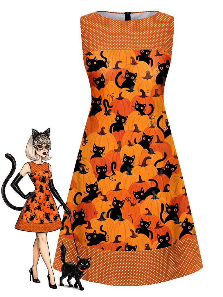 Robe Orange Sans Manches Chat Crâne À Pois Années 1960