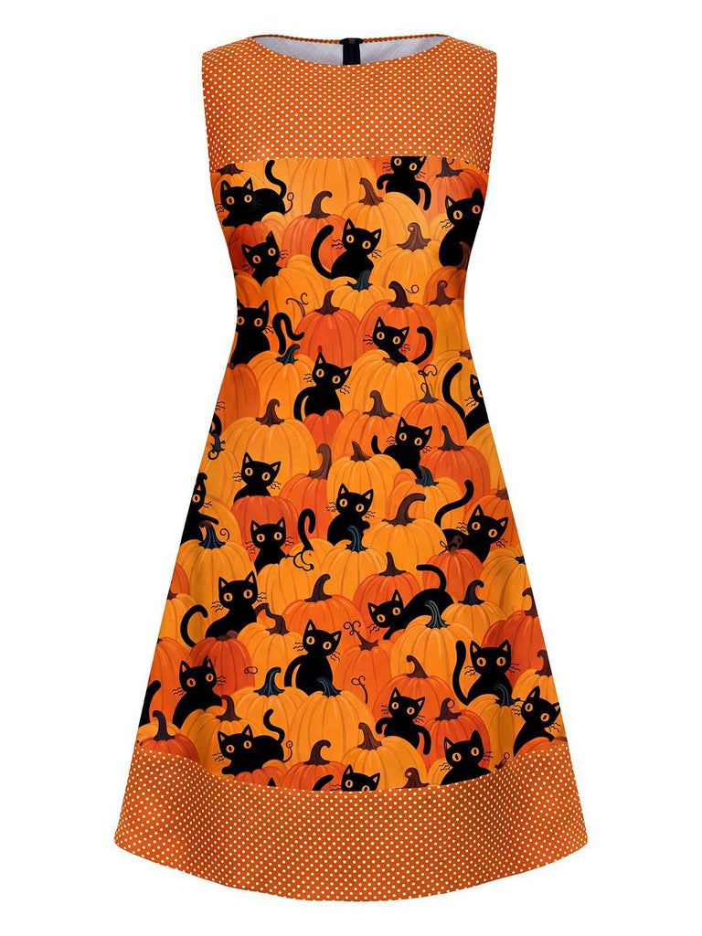 Robe Orange Sans Manches Chat Crâne À Pois Années 1960