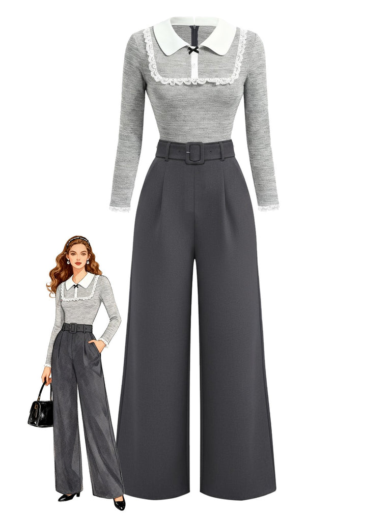 [Prévente] Combinaison grise tricotée patchwork et dentelle avec ceinture années 1930