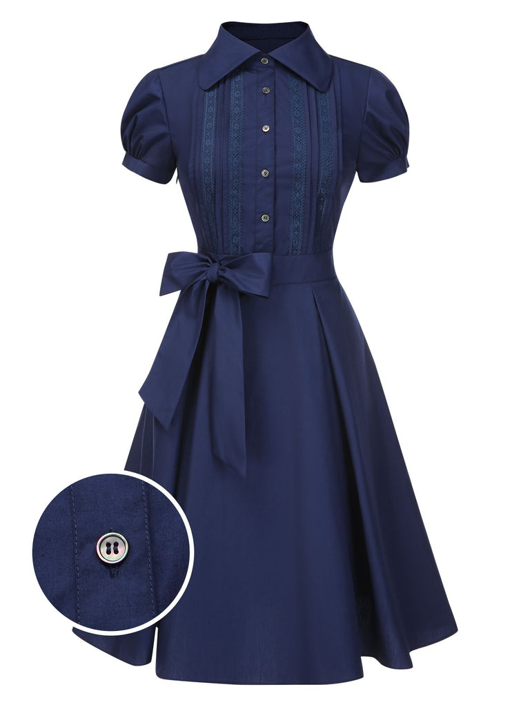 [Prévente] Robe bleue foncé et nœud en dentelle années 1940