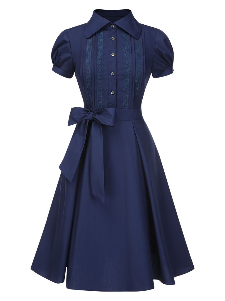 [Prévente] Robe bleue foncé et nœud en dentelle années 1940