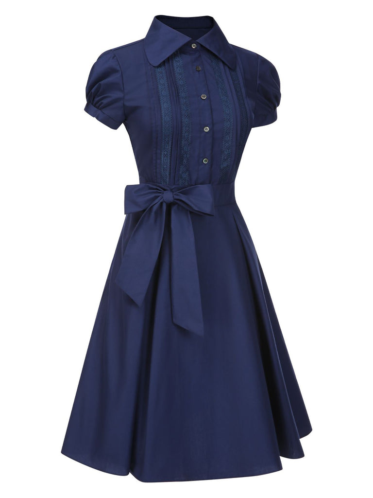 [Prévente] Robe bleue foncé et nœud en dentelle années 1940