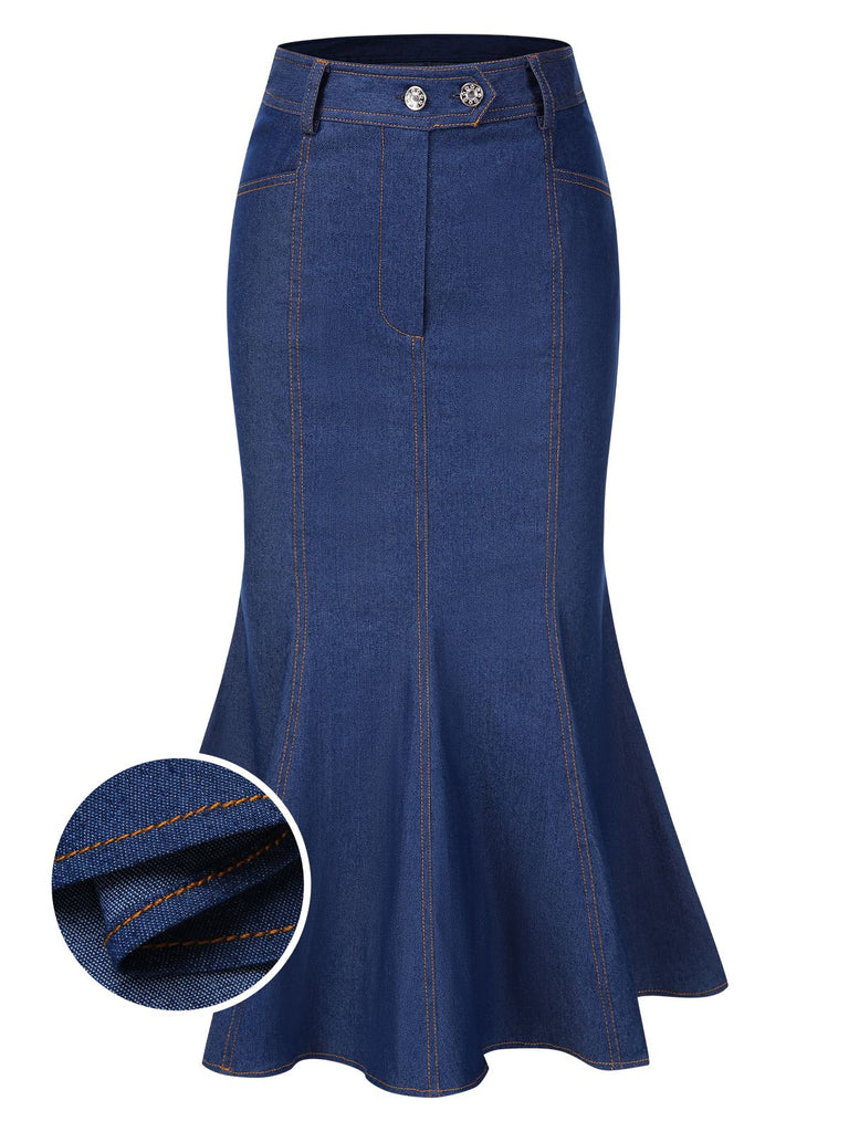 [Prévente] Jupe queue de poisson bleue en denim de coton années 40